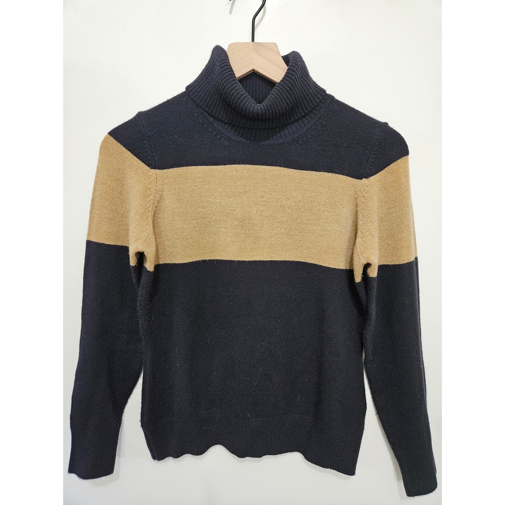 French Connection Womens Colorblock Turtleneck Sweater Navy Blue Tan Stripe L